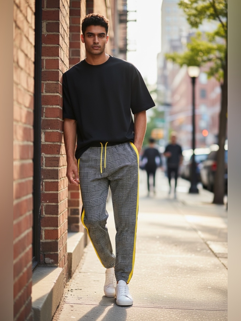 Men's Gray Glen Plaid Track Pants with Yellow Stripe